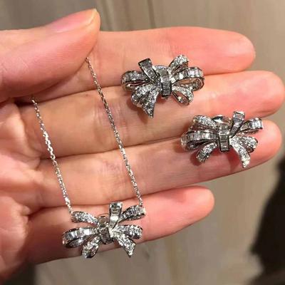 Temperament Female Bowknot Full Aaa Zircon 2 Pieces Jewelry Sets Elegant Birthday Cocktail   Pendant Necklace Earrings
