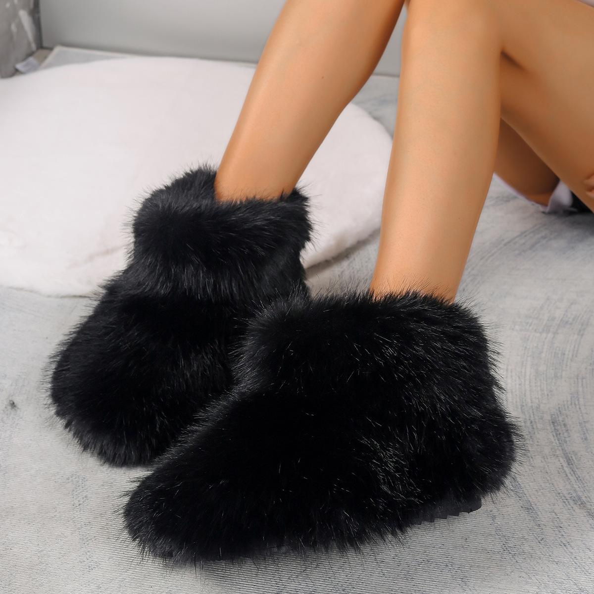 

Модные зимние пушистые сапоги женские меховые туфли пушистые меховые зимние сапоги плюшевая подкладка резиновые плоские уличные бабочки теплая женская обувь 41 чёрный