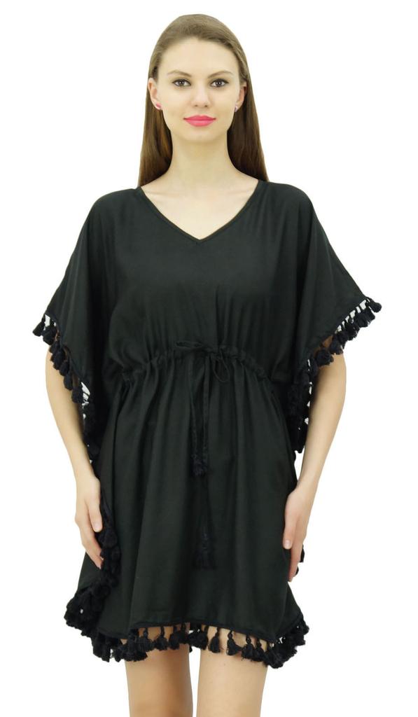 Bimba Women's V Neck Tassel Kaftan Short Rayon Caftan Designer Beachwear Coverup