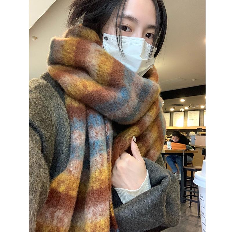 Rainbow scarf women's plaid mohair warm shawl versatile winter new high-end windproof plush scarf men