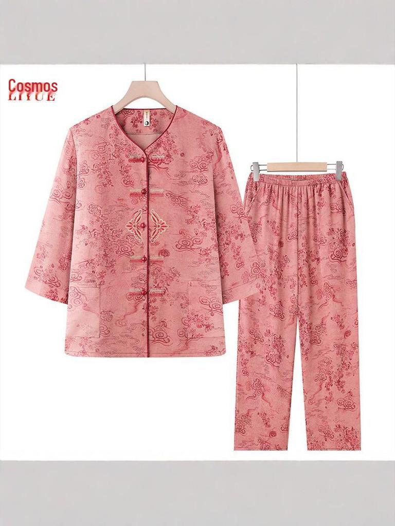 Women's Spring & Autumn Tang Suit Set: Middle-Aged & Elderly Cardigan, Loose Casual Home Wear, Red Zodiac Year Design