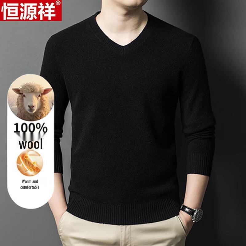 Hengyuanxiang Men's V-Neck Pure Wool Sweater