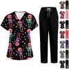 Women's Uniform Two-Piece Set with Short Sleeve Print Top and Pants for