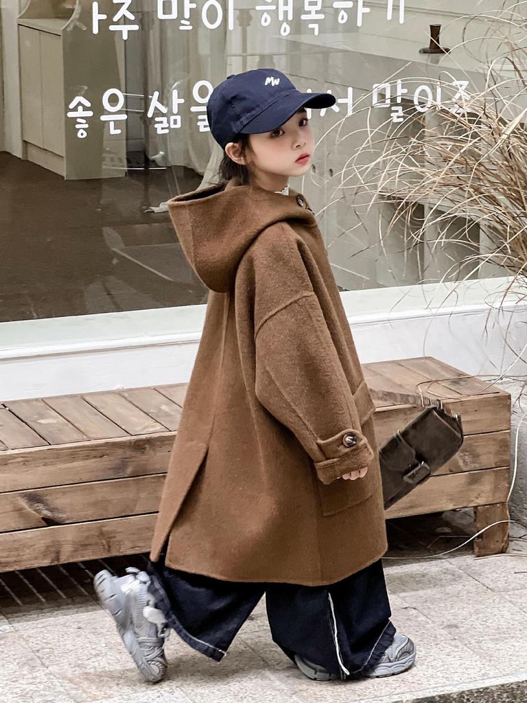Korean Style Girls' Double-Sided Cashmere Coat - Medium & Large Children's Mid-Length Outerwear for Autumn & Winter