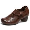 2024 Spring Summer New Genuine Leather Pumps Retro Hollow Round Toe Soft Sole Women's High Heels Shoes