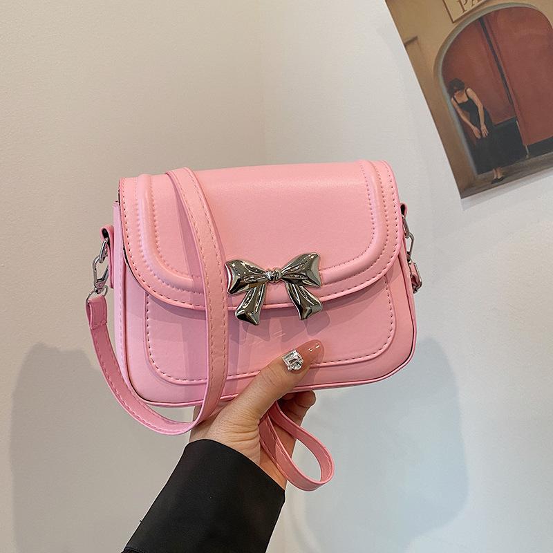 High Value Foreign Style Small Bag Women's 2025 Autumn New Popular Solid Color Messenger Bag Fashion Bow Small Square Bag