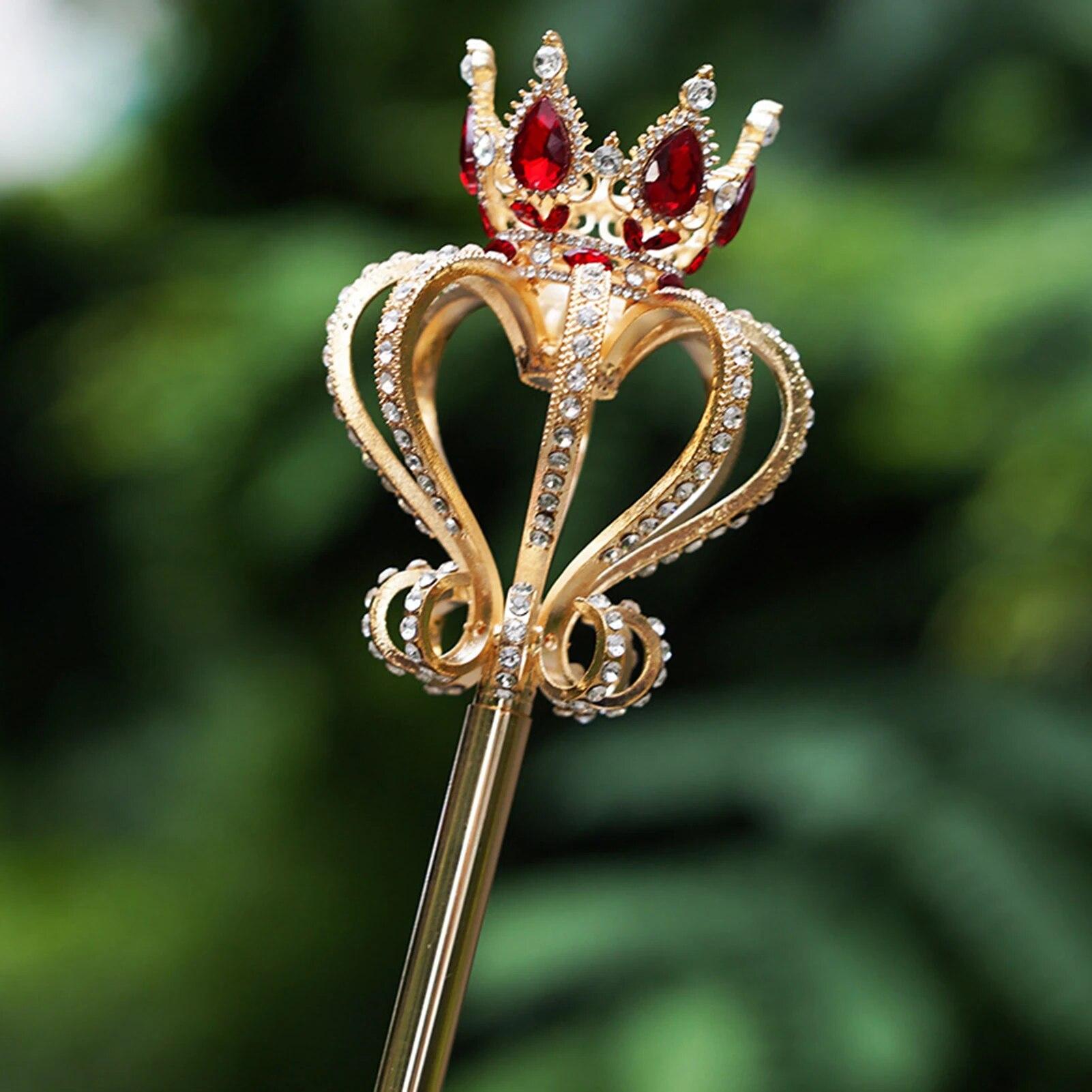 

Red Rhinestone Wand King Queen Scepter Crystal Pageant Costume Props Party Handheld Fairy Sticks Gold Color Crowns Jewelry