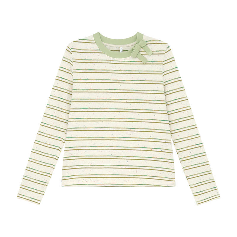 Women's Crew Neck Long Sleeve T Shirt Loose Fit Striped Cotton Bow Decor Soft Washed Fabric Casual Layering Top Spring Autumn Basic Tee