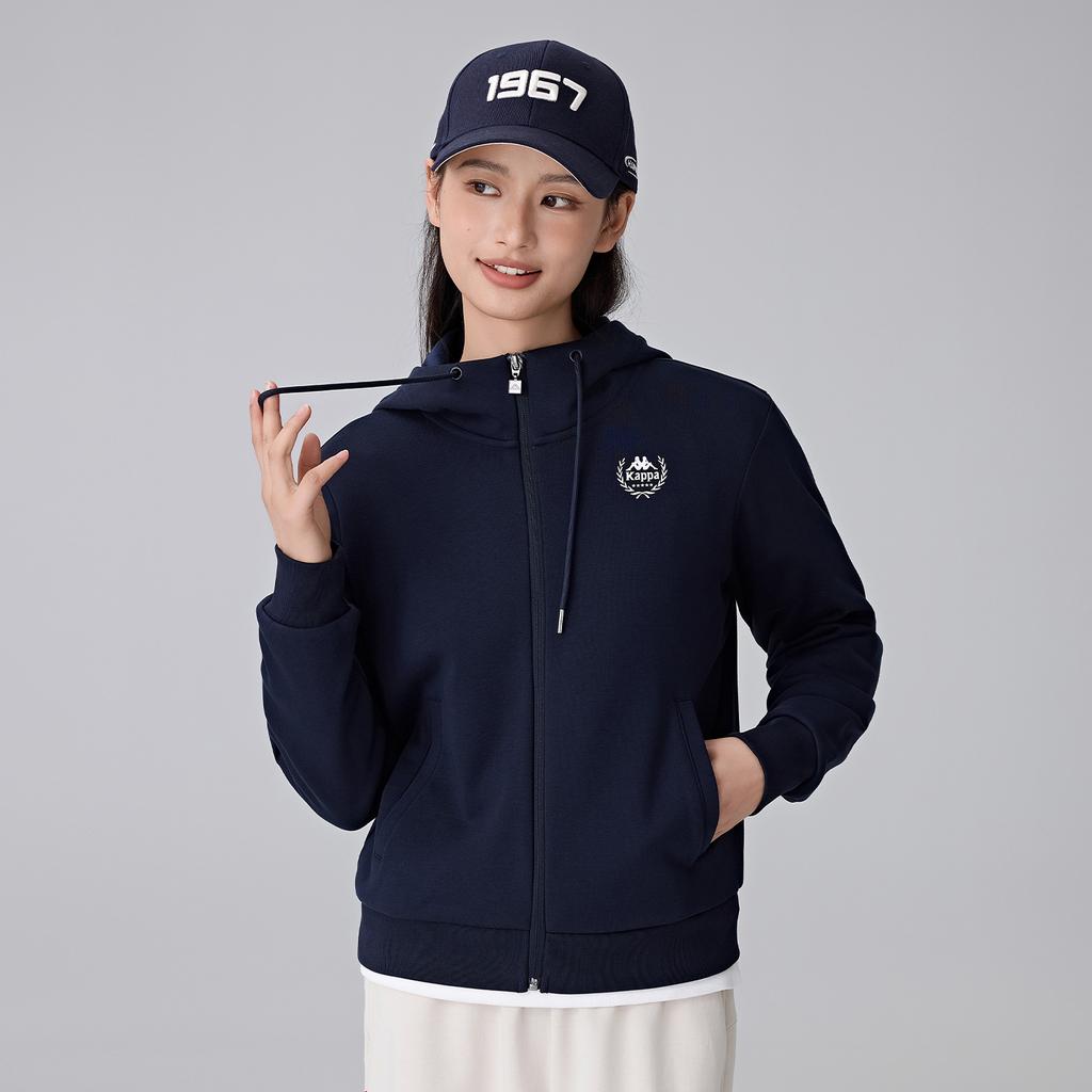 Kappa 1916 Series Vintage Casual Hooded Cardigan Knit Zip Sweatshirt Women outerwear Dark-Night-Blue Black K0E82MK20