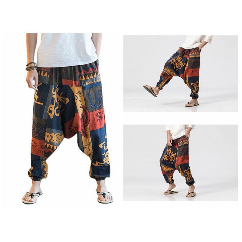 Casual Vintage Trousers Men Loose Baggy Long Pants Floral Print Wide Leg Pant Plus Size