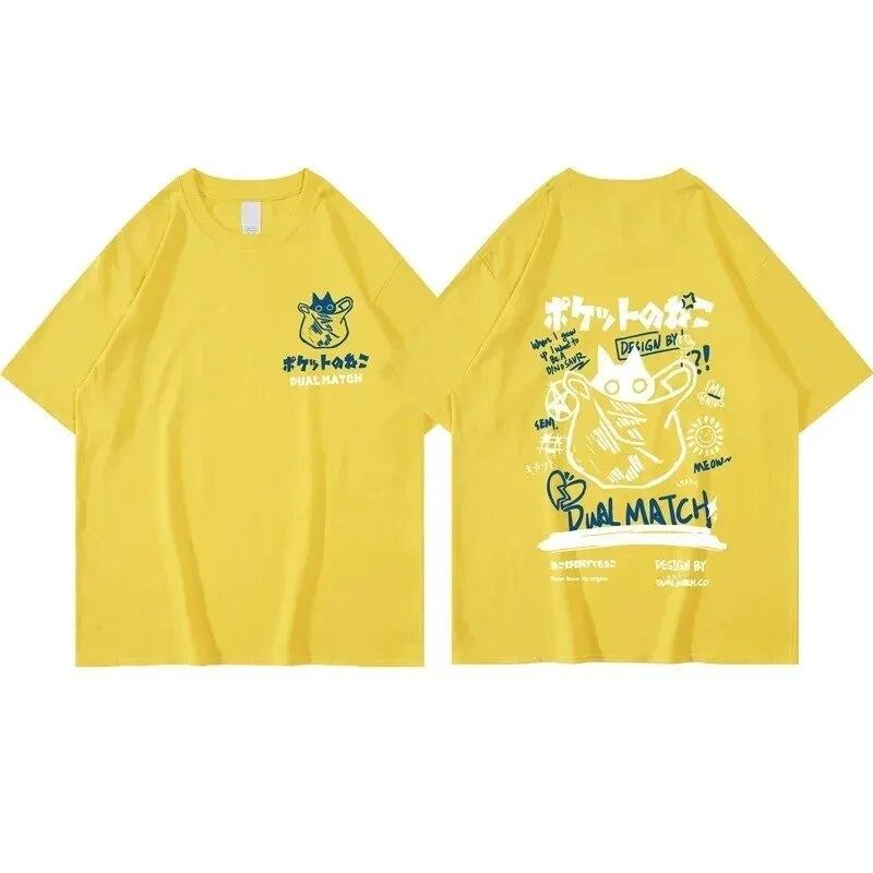 Unisex Women Cotton T-Shirt Japanese Kanji Funny Cat Printed T Shirt Harajuku Casual Short Sleeve Tshirt Streetwear Trend Tee Tops