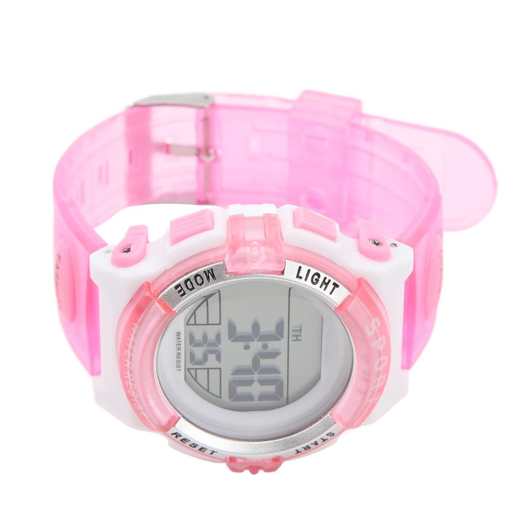 Digital Chronograph Watch Girls Student Electric Waterproof PU Strap for Swimming Sports with Colorful Night Light Alarm