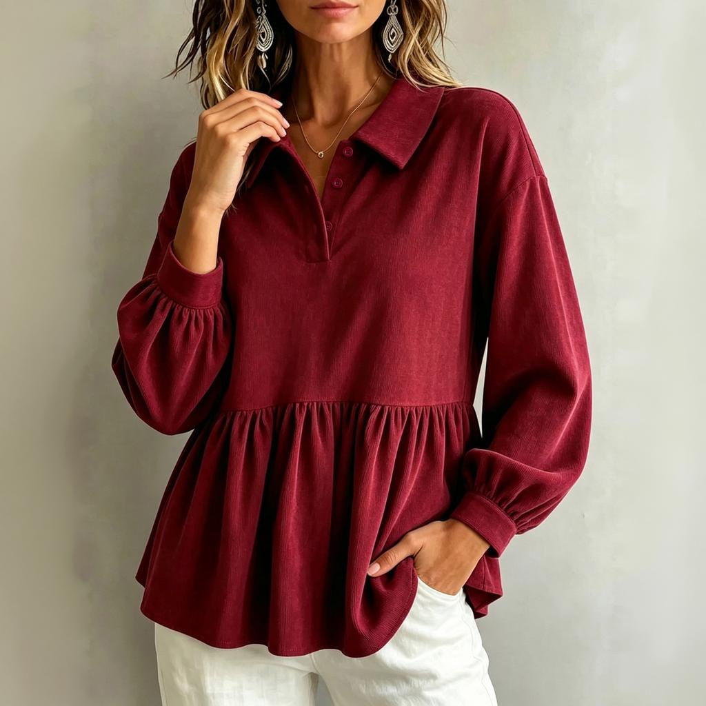 Women's Corduroy Blouse with Sleeves, Loose Fit and Waist Cinching for Casual Wear