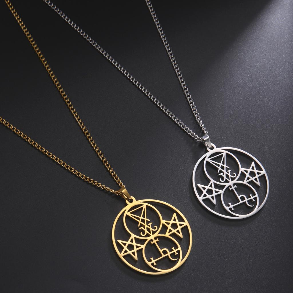 Lucifer Lilith Doppelsiegel Anhänger Halskette Satanisches Pentagramm Amulett Edelstahl Gotischer Schmuck