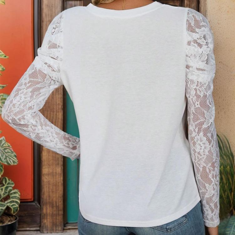Women Casual Street Wear Top Ladies Tee V-Neck Long Sleeve Print T-Shirt Lace Chiffon Blouse