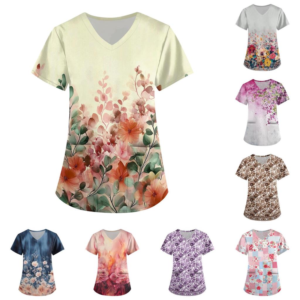 Women's Floral Print Loose Fit V Neck Short Sleeve Work Scrub Top with Pockets for Healthcare Professionals Nursing Uniform