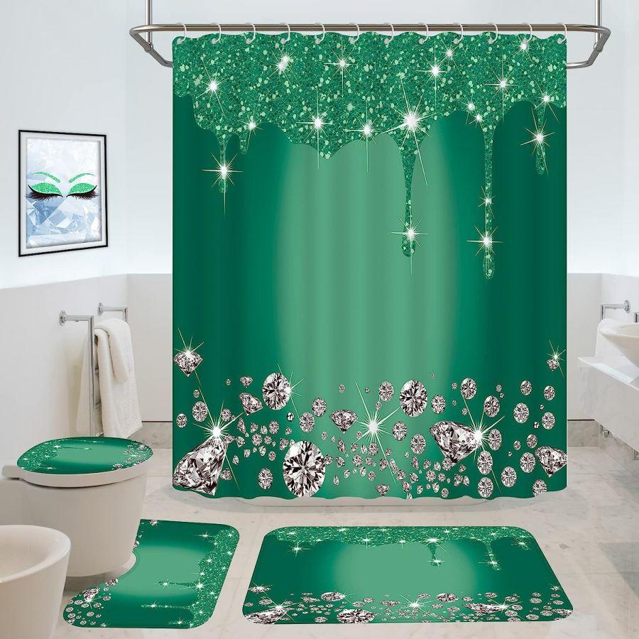 4Pcs Sparkling Diamond Shower Curtain Set, Shiny Bathroom Trim, Carpet And Toilet Seat,Burgundy Luxury Textured Colorful
