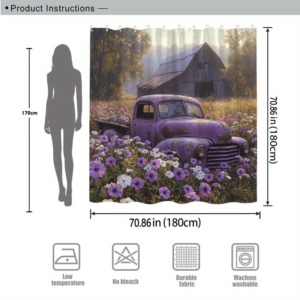 1pc Vintage Purple Pickup Curtain, Wildflowers & Barn, Rustic Scene, Nostalgic Polyester, 12 Hooks, Moving Gift, Farmhouse Decor