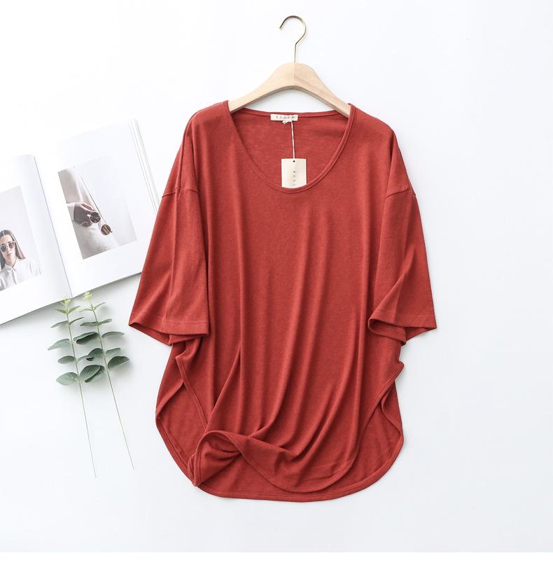 Women's Korean-Style Summer Cotton Linen Round Neck Shirt, Loose Fit, Mid-Sleeve, Plus Size Casual Top