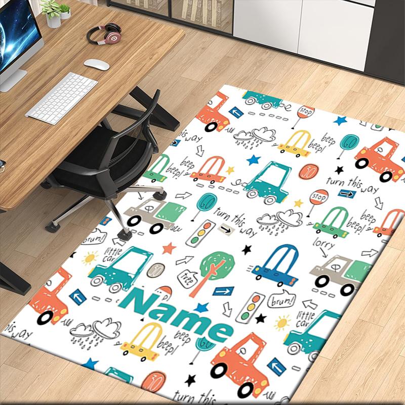 Custom Name Cute Cars Printed Carpet, for Office Chair Living Room Bedroom Kitchen Room Decor Gifts.