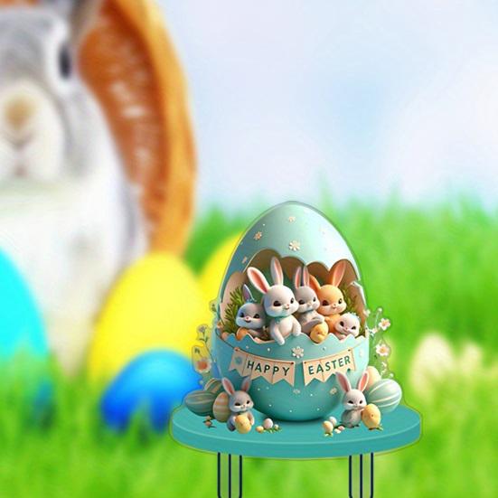 Easter Bunny Garden Stakes Outdoor Decor, 2D HD Printing Acrylic Rabbit & Colorful Eggs Ornaments with Weatherproof Design, Easy-Insert Spike