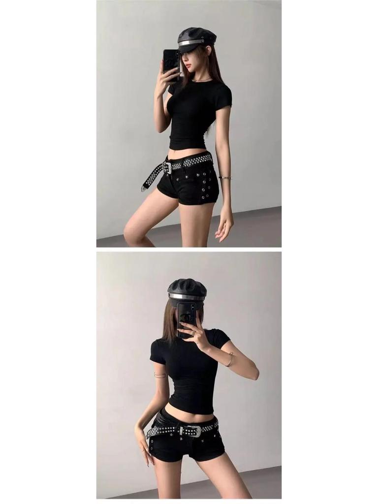 Schlankes geripptes Damen-Crop-Top - Sommer Elastischer Rundhalsausschnitt Kurze Ärmel