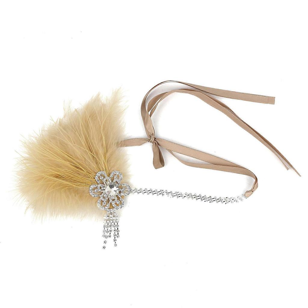 Ethnic Style Headband with Rhinestone&Feather Decors Unique Hair Hoop Women Bride Wedding Party Taking Photo Headband  khaki