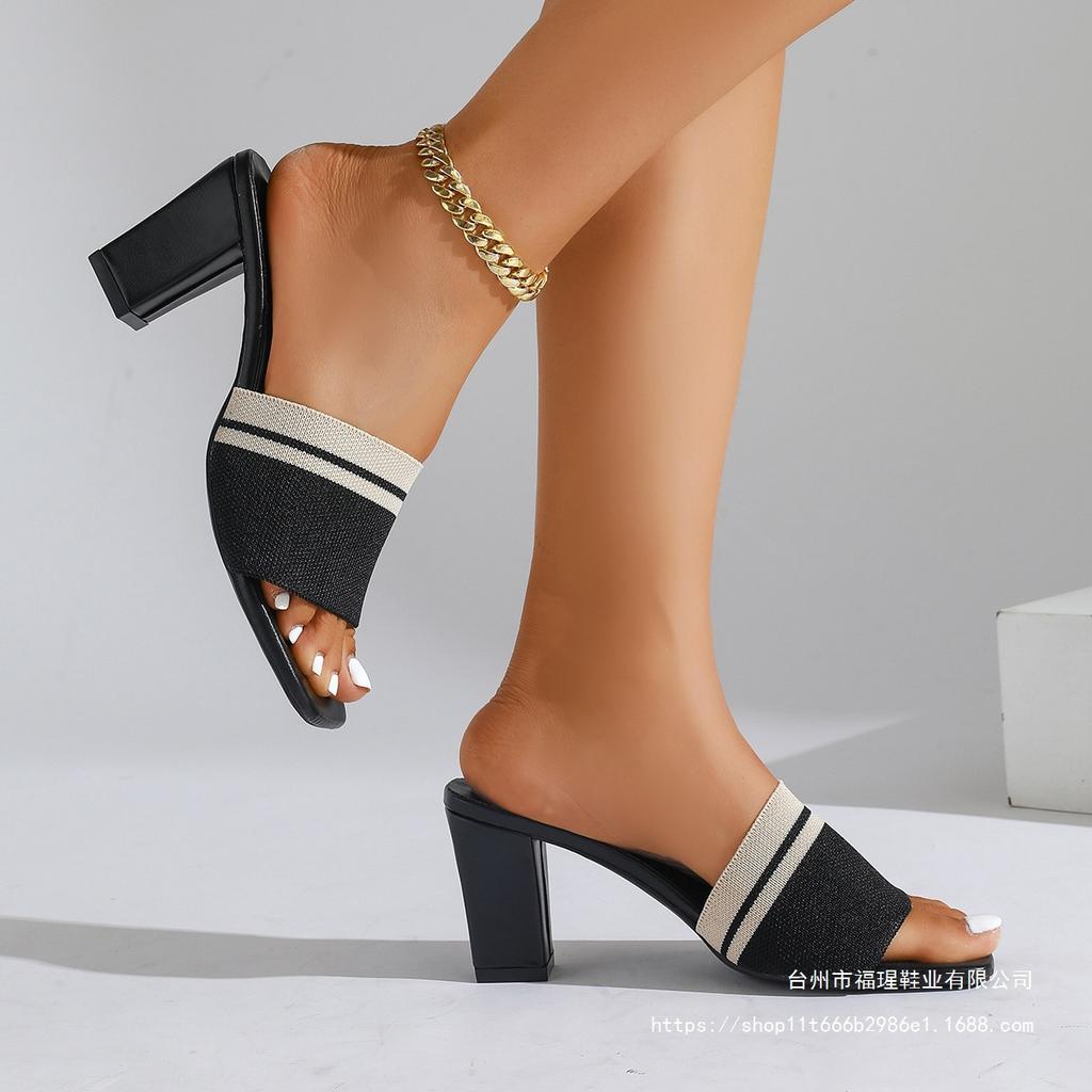 Large Size French High Heels Square Head Flying Woven Cool Slippers Female 2025 Summer New Fairy Style Thick Heel Slippers