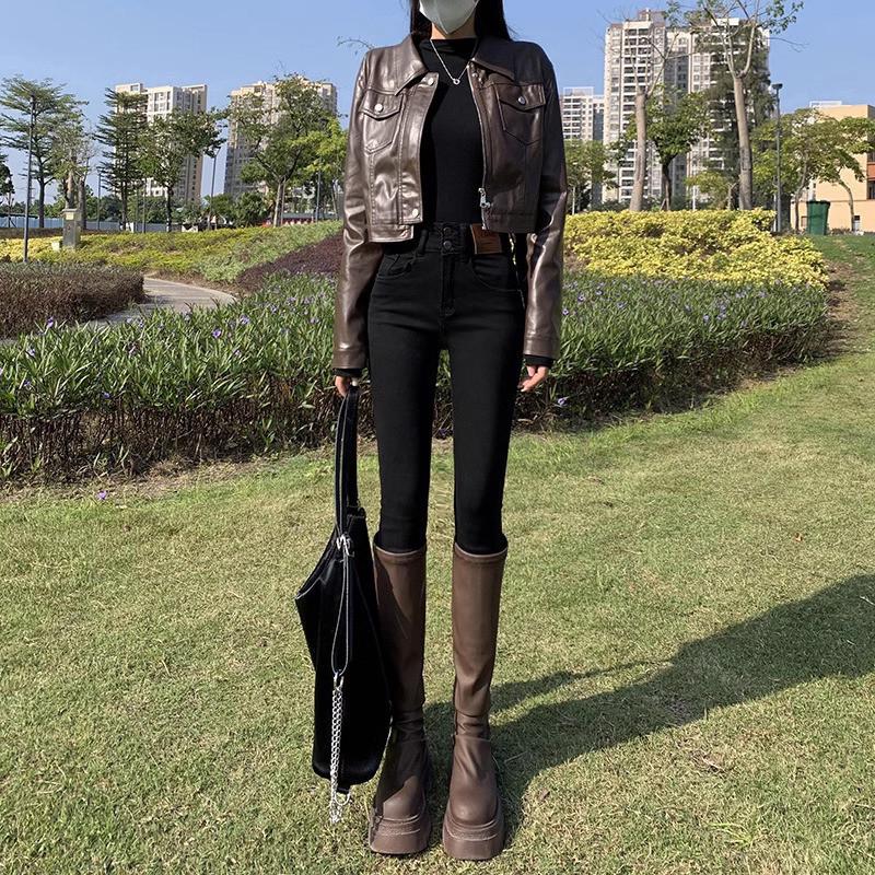 

Женские джинсы скинни черного цвета с высокой посадкой и облегающего кроя - Эластичные укороченные брюки-карандаш для осени/зимы 31 fits 133-140 lbs