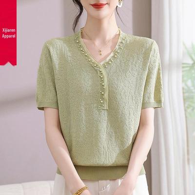 2026 Stylish V-Neck Ice Silk Knitwear: Short-Sleeve Summer Top for Middle-Aged Women & Young Mothers