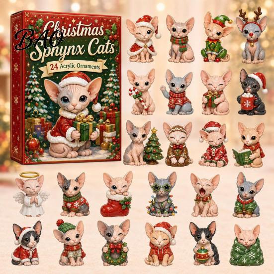 Cat Countdown Calendar Christmas Advent Calendar, 24 Day with Cute Ornaments, Festive Room Decor 2D Acrylic Kitty Holiday Decorations, Gift for Kids,