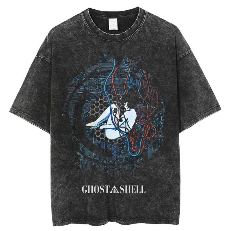Modisches Ghost in the Shell Anime-T-Shirt mit verwaschenem O-Ausschnitt und kurzen Ärmeln für Damen, Schwarz, übergroß, lässig, Hip-Hop-Top