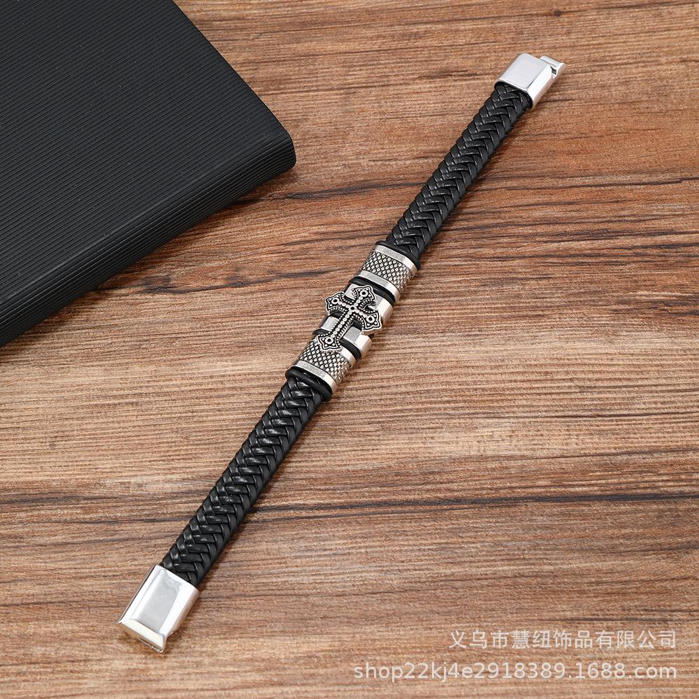 Men Simple Leather Braided Bracelet Alloy Accents European American Style Cross Fashion Alloy Bracelet