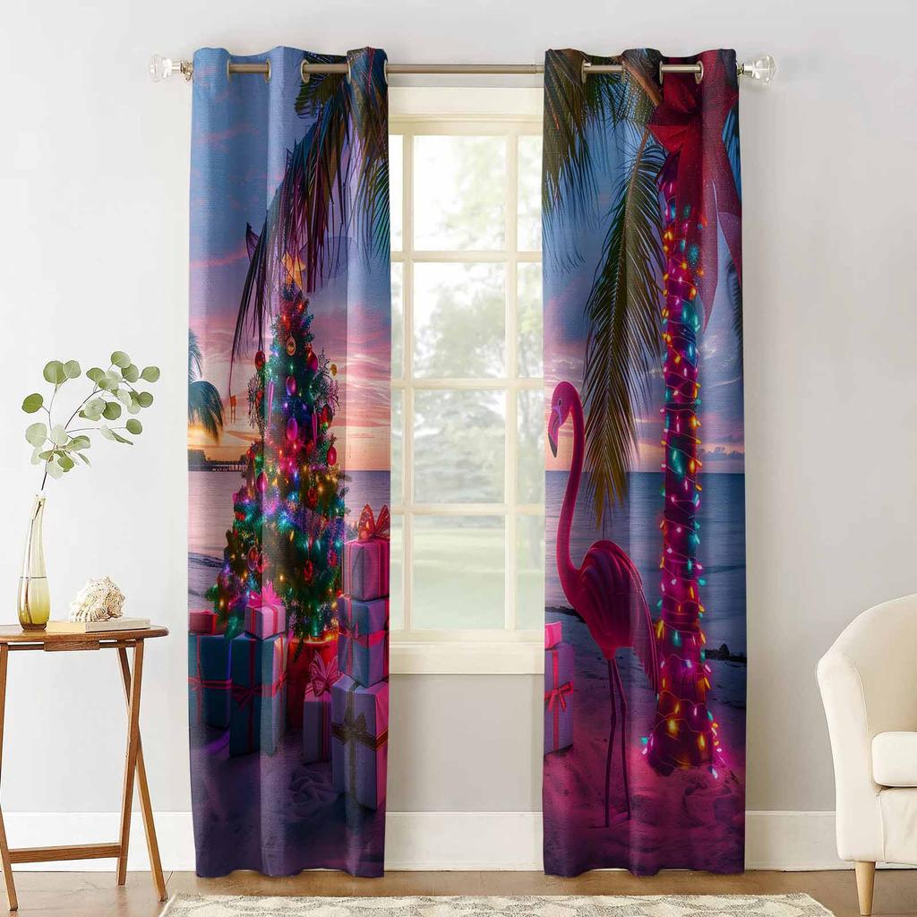 Beach Christmas Tree Colorful Flamingo Palm Tree Blackout Curtains For Living Room Bedroom Window Treatment Blinds Drapes