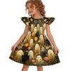 Girls Halloween Dress Flutter Sleeve Ghost Print Patchwork Skater Dress Kids Casual Party Dress with Round Neck and Short Sleeves