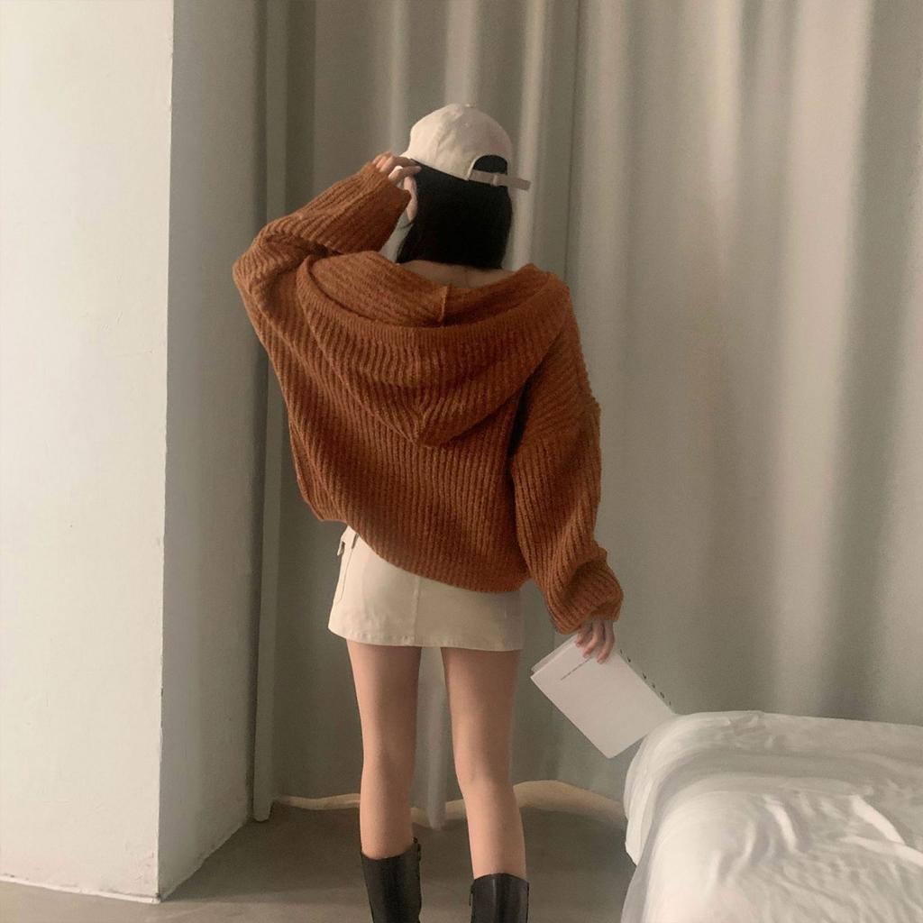 Autumn and Winter Korean Version Lazy Style Loose Fried Dough Twists Double Zip Hooded Long Sleeve Knitting Sweater Cardigan Coat Women