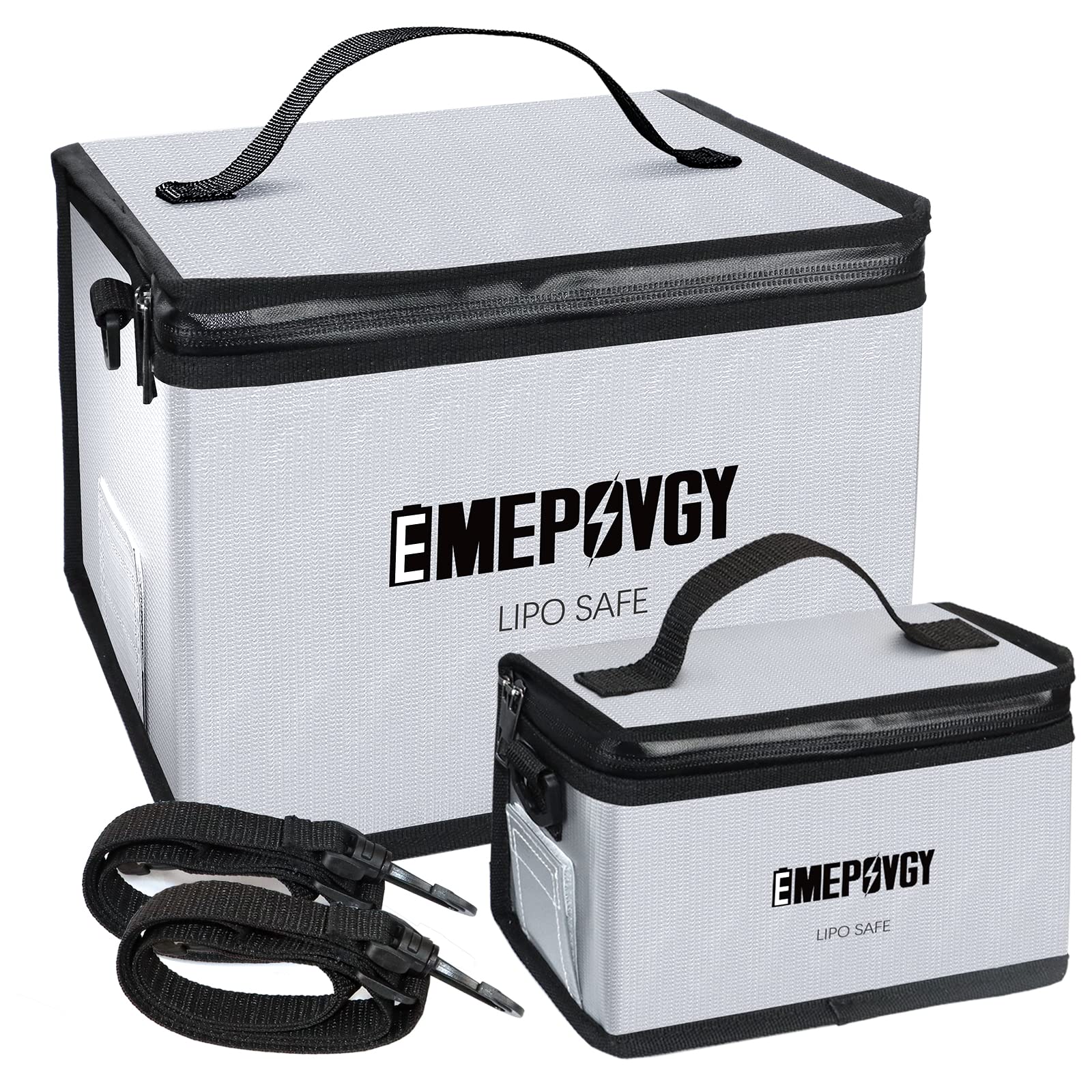 

EMEPOVGY LiPo Battery Guard Safety Bag Fireproof Explosion-Proof Storage Case 2-Piece Set Silver 25x21x19cm and 20x12x9.5cm
