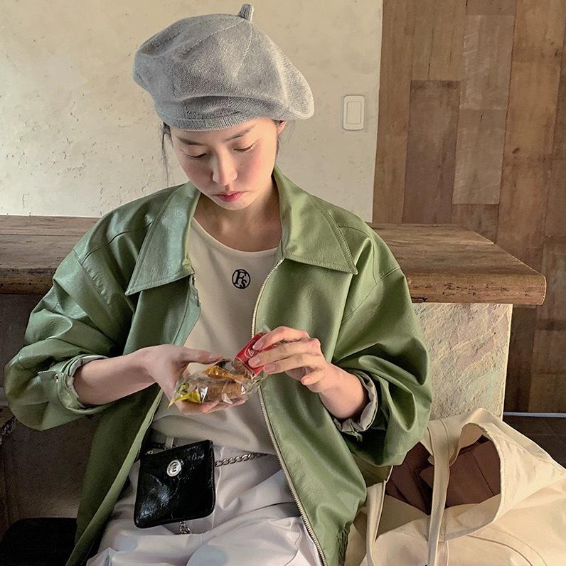 

Винтажный короткий пальто-жакет из зеленой кожи - Корейский и Гонконгский Осенний Повседневный L чёрный