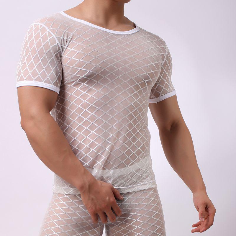 Men's Short Sleeve See-Through Mesh Slim Fit Diamond Net Top B-01