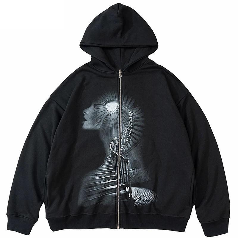 Y2K Gothic Printed Zip-Up Hoodie Dark Streetwear Loose Fit Long Sleeve Sweatshirt Women