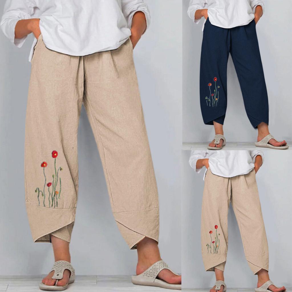 Women's summer casual loose cotton and linen embroidered wide-leg pants