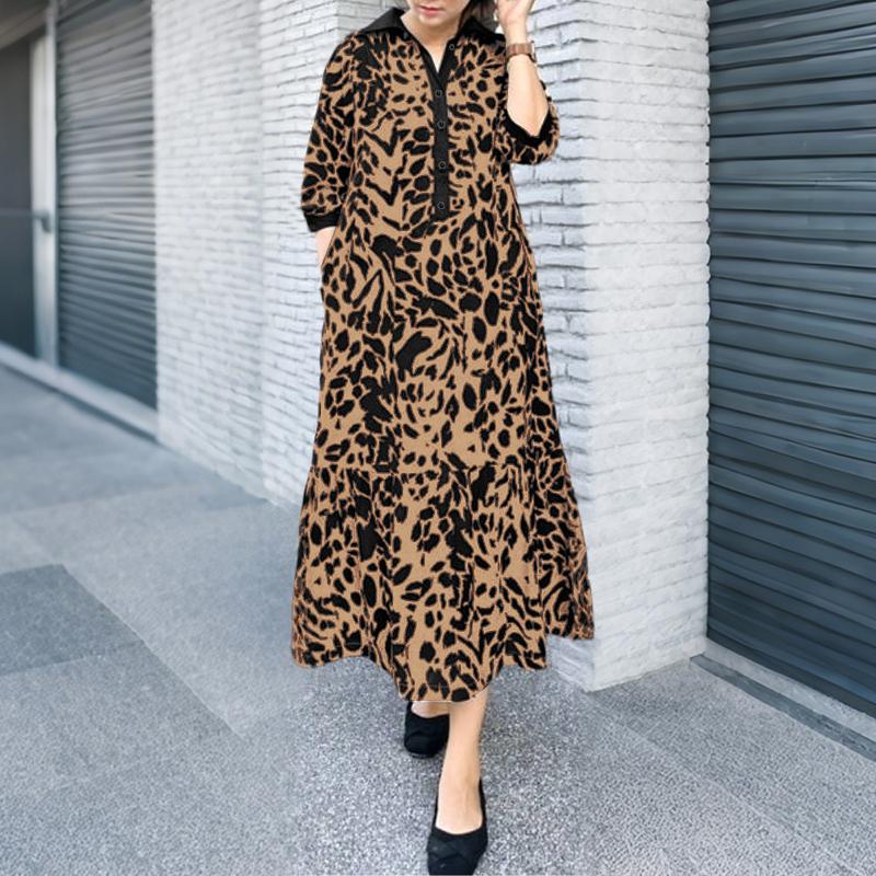 ZANZEA Women Casual Turn Down Collar Loose 3/4 Sleeve Retro Print Long Dress