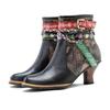 Genuine Leather Women's Short Boots Retro Woven Belt Buckle Fashion Lady High-heeled Shoes