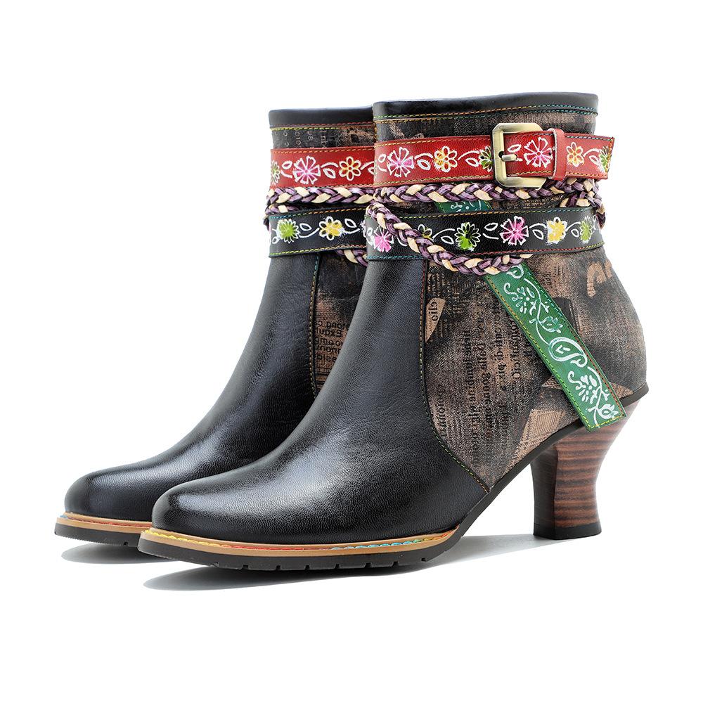 Johnature Echtes Leder frauen Kurze Stiefel Retro Woven Gürtel Schnalle Mode Dame High-heeled Schuhe