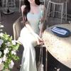 Royal Sister Gentle Wind Temperament Hip Suspender Dress Summer Green Asymmetrical Three-dimensional Flower Slim Fishtail Dress