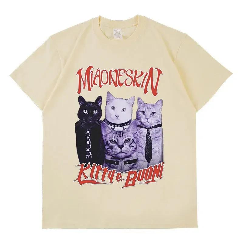 Rock band maneskin cat graphic t shirt men women vintage hip hop oversized cotton T-shirt Harajuku aesthetic T shirts streetwear
