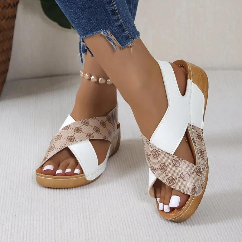 Summer Fashion Paragraph Mix Color Wedge Sandals for Women Comfortable Non Slip Beach Shoes Woman Leather Platform Sandalias