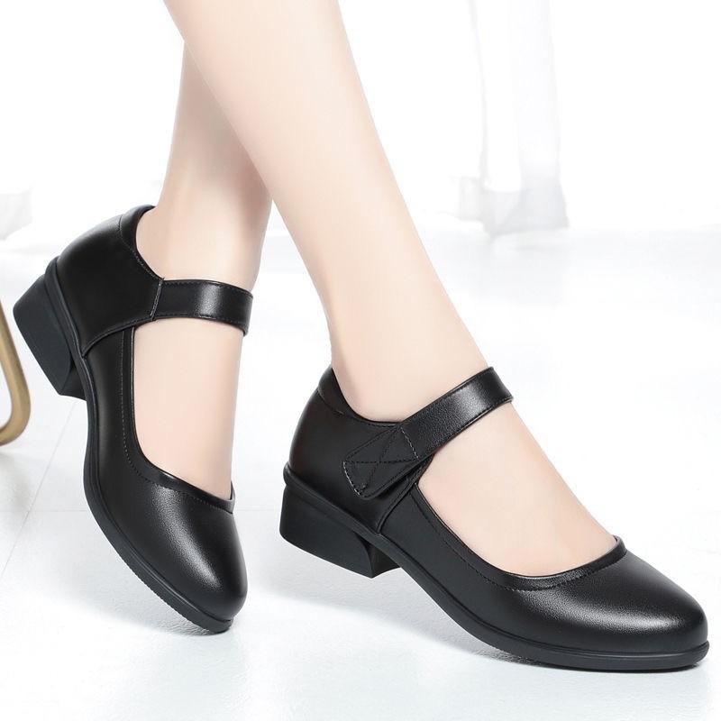 New round head soft leather shoes daily casual soft sole single shoes medium old thick heel medium heel Velcro leather shoes women