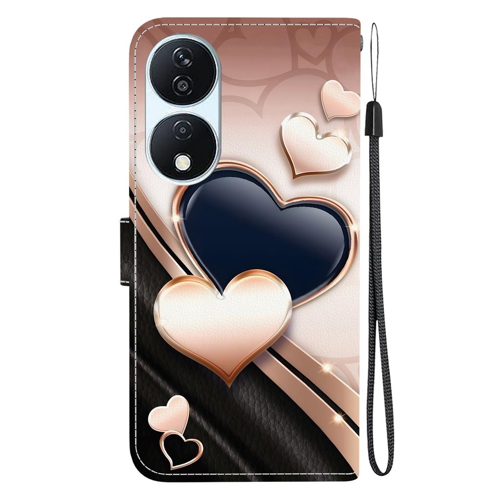 Handgefertigte PU-Leder-Flip-Hülle für Honor X7b Rutschfeste Stoßfeste Hülle mit Handschlaufe & Herz/Rose Katze Designs
