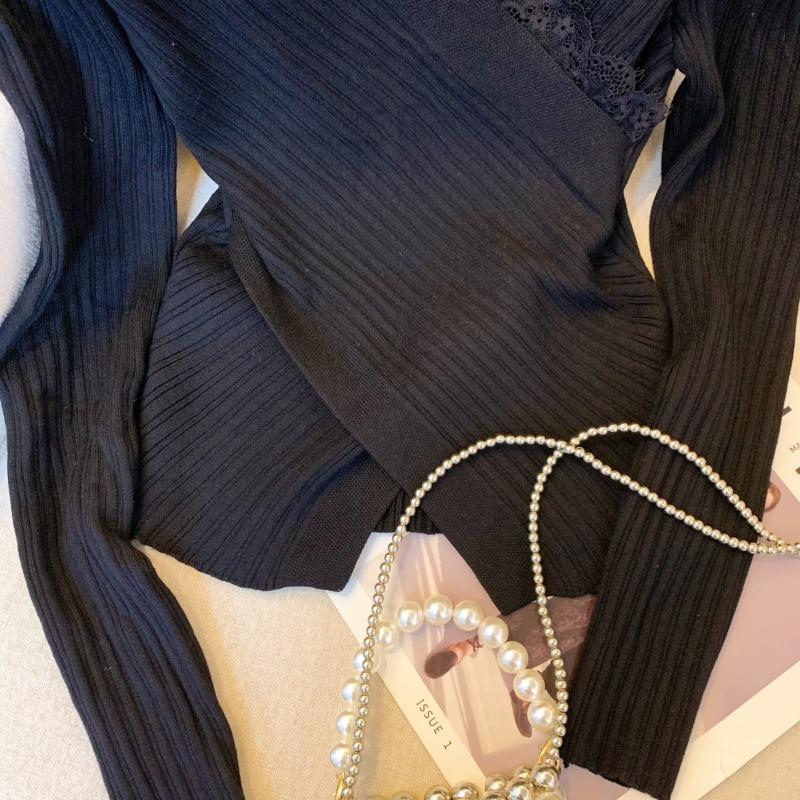 Autumn and Winter Sexy Lace V-neck Knitted Sweater for Women Fashion Slim Fit Base Pullovers Sweaters Women Elegant Solid Casual Knitwear Jumper 25567